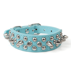 Spiked Studded Leather Dog Collar Rivets Pet Small Large Cat Pit Bull Adjustable (Color: Blue, size: S)